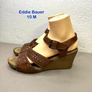 Eddie Bauer Brown‎ Leather Strappy Slingback Mid Wedge Sandal Size 10 M